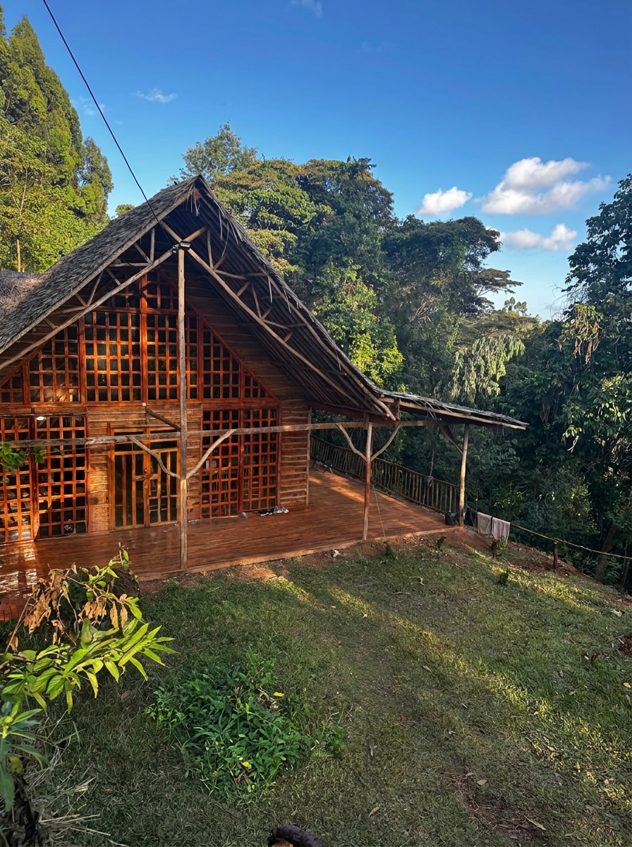 HiddenKey Haus — a thatched timber haus on a forested slope of Mount Kenya at golden hour
